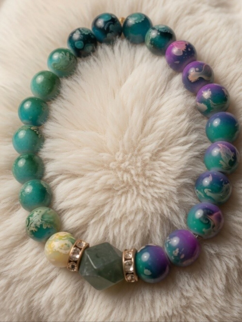 Green & Purple Beaded Stretch Bracelet with Faceted Center Stone